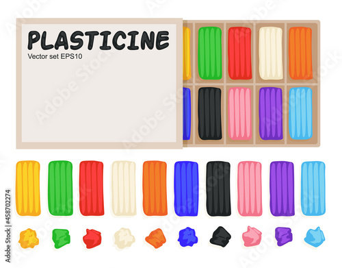 Kids modeling clay, colorful plasticine set with bricks, pieces and rainbow. Art process, creative workshop. Hand drawn illustration in modern cartoon flat style.