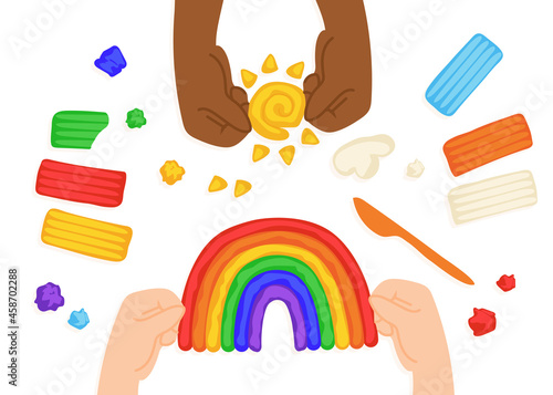 Kid sculpts sun, rainbow and cloud with plasticine, modelling clay tools, board and knife, art process, top view. Hand drawn illustration in modern cartoon flat style