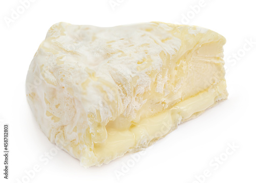 Brie or camambert cheese isolated on a white background. Camembert cheese piece macro