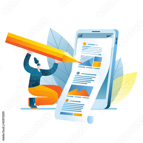 A copywriter creates content for social networks. Vector illustration on the topic of promotion in social networks and the creation of interesting content.