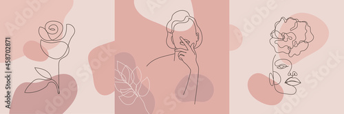 Vector beauty backgrounds, social media stories, posts feed layouts. Set of illustrations with one line continuous woman face and leaves, flowers. Contemporary collage with spots, square shape.