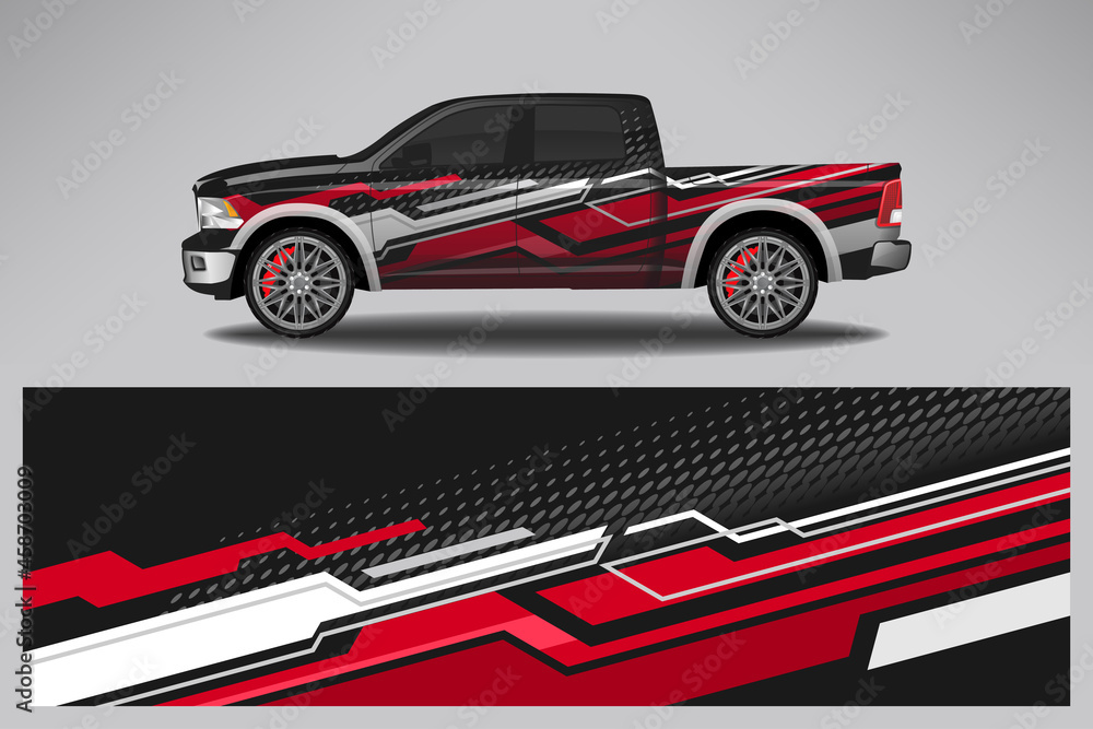 Fototapeta premium Wrap car vector design decal. Graphic abstract line racing background design for vehicle, race car, rally, adventure livery camouflage.