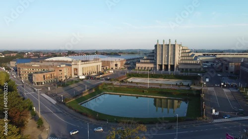 Aerial drone flight Expo Brussels in morning light