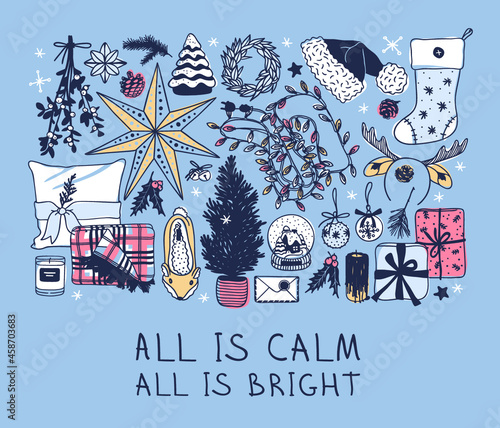 Hand drawn Christmas illustration frame. Creative ink art work. Actual cozy vector drawing. Winter set of Holidays things, accessories, decoration, food, drinks