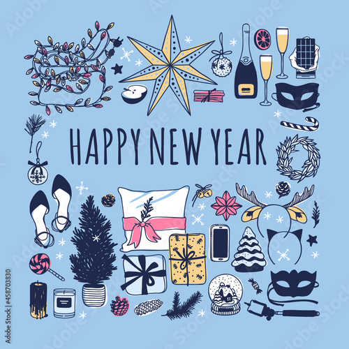 Hand drawn pattern with Christmas objects.Vector Celebration Illustration. Creative artwork. Cozy Winter set of decoration. Doodle Holidays background.