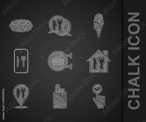 Set Online ordering burger delivery, and, Cafe restaurant location, Ice cream and Hotdog sandwich icon. Vector