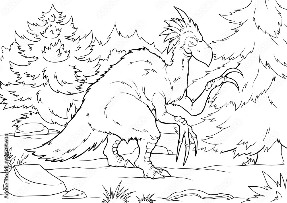 Fototapeta premium Coloring book for children with a dinosaur hand-painted in cartoon style. A4. coloring page