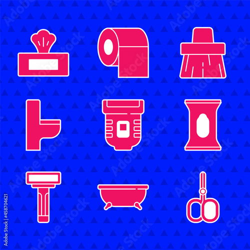 Set Epilator, Bathtub, Nail scissors, Wet wipe pack, Shaving razor, Toilet bowl, Handle broom and icon. Vector