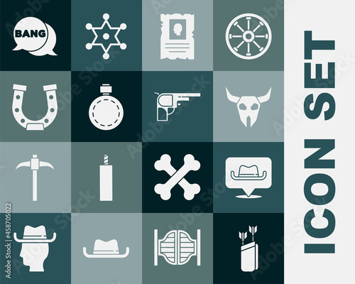 Set Quiver with arrows, Location cowboy, Buffalo skull, Wanted western poster, Canteen water bottle, Horseshoe, Bang boom, gun Comic and Revolver icon. Vector