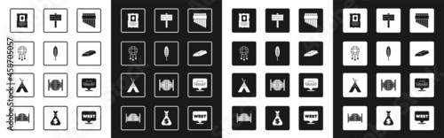 Set Pan flute, Indian feather, Dream catcher with feathers, Wanted western poster, Gold bars, Road traffic signpost, Location cowboy and teepee or wigwam icon. Vector