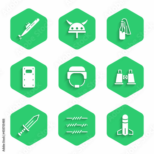 Set Military helmet, Barbed wire, Rocket, Binoculars, Sword, assault shield, Cocktail molotov and Submarine icon. Vector