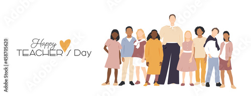 Happy Teacher's Day card. Teacher with pupils.