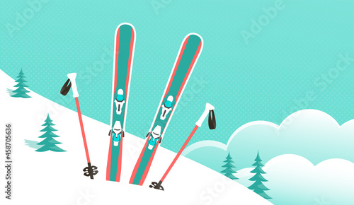 Ski winter resort. Mountain skiing on the top of the mountain. Vector cartoon illustration banner