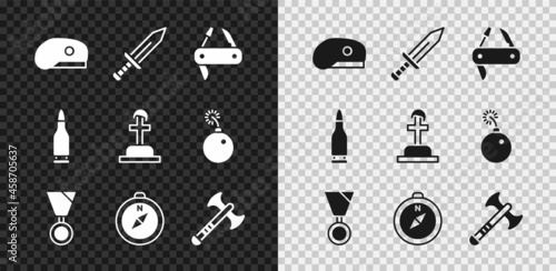 Set Military beret, Sword, Swiss army knife, reward medal, Compass, War axe, Bullet and Soldier grave icon. Vector