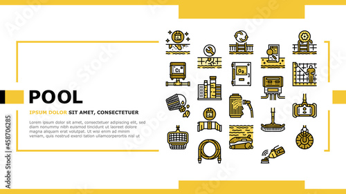 Pool Cleaning Service Landing Web Page Header Banner Template Vector. Pool Cleaning Electronic Robot With Vacuum Brush And Cleaner Equipment, Ozonator And Filtration Illustration