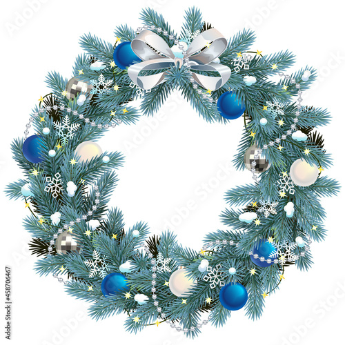 Vector Christmas Blue Fir Wreath with Bow