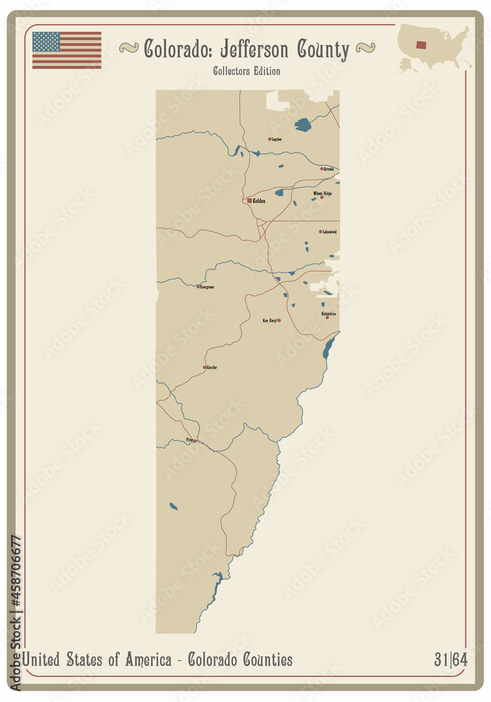 Obraz premium Map on an old playing card of Jefferson county in Colorado, USA.