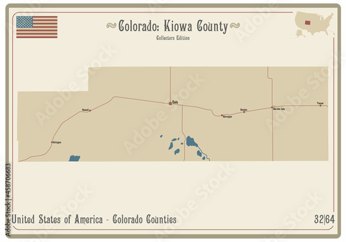 Map on an old playing card of Kiowa county in Colorado, USA.