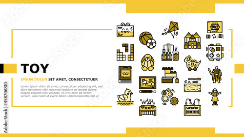 Toy Shop Sale Product Landing Web Page Header Banner Template Vector. Doll And Car, Musical And Educational Toy, Puzzle Jigsaw And Construction, Action Figures And Diy Kits Illustration