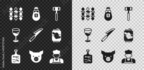 Set Grilled shish kebab, Salt, Kitchen hammer, Cutting board, Pig, Cook, Wine glass and Knife icon. Vector