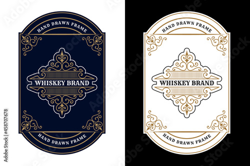 Whiskey Bourbon Vintage luxury antique logo border frame western engraving labels for beer wine whiskey alcohol product box packaging label vector printable design template