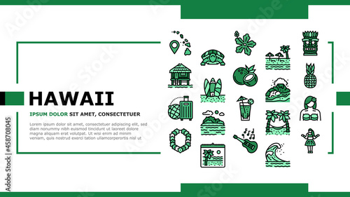 Hawaii Island Vacation Resort Landing Web Page Header Banner Template Vector. Hawaiian Girl Dancing Dance And Drinking Tropical Cocktail, Bungalow Building On Water And Hawaii Sandy Beach Illustration