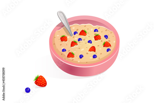 Oatmeal for breakfast with blueberries and strawberries in a pink plate. Illustration of cereal with berries on a white background. Flat design style. The concept of proper nutrition