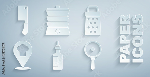 Set Bottle of olive oil, Grater, Chef hat with location, Frying pan, Slow cooker and Meat chopper icon. Vector