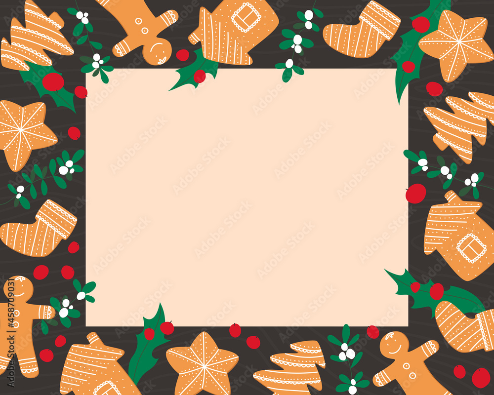 Fototapeta premium Christmas frame with holly and mistletoe gingerbread cookies. Beautiful Christmas lining with place for text. Flat vector illustration.