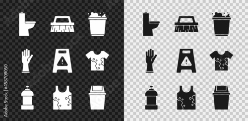 Set Toilet bowl, Brush for cleaning, Bucket with foam, Bottle agent, Dirty t-shirt, Trash can, Rubber gloves and Wet floor icon. Vector