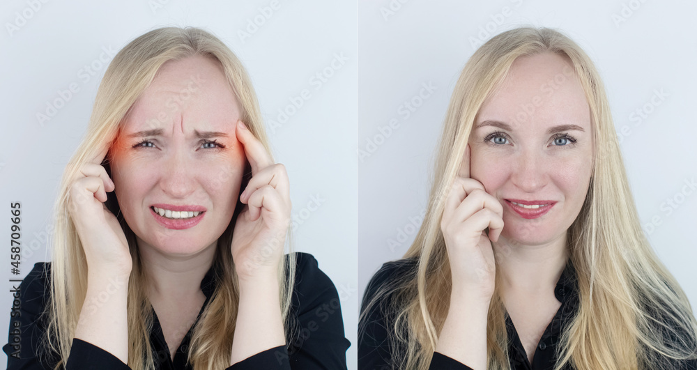 Before and after. On the left, the woman indicates a headache, and on the right indicates that the head no longer hurts. Concept of medical care in the treatment of migraine and high blood pressure Before and after. On the left, the woman indicates a headache, and on the right indicates that the head no longer hurts. Concept of medical care in the treatment of migraine and high blood pressure