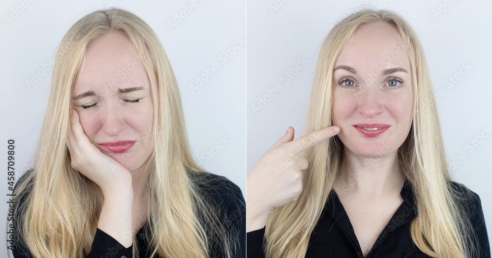 Before and after. On the left, the woman indicates teeth pain, and on the right, indicates that the teeth no longer hurts. Toothache. Pain management and professional medical care assistance concept. Before and after. On the left, the woman indicates teeth pain, and on the right, indicates that the teeth no longer hurts. Toothache. Pain management and professional medical care assistance concept.