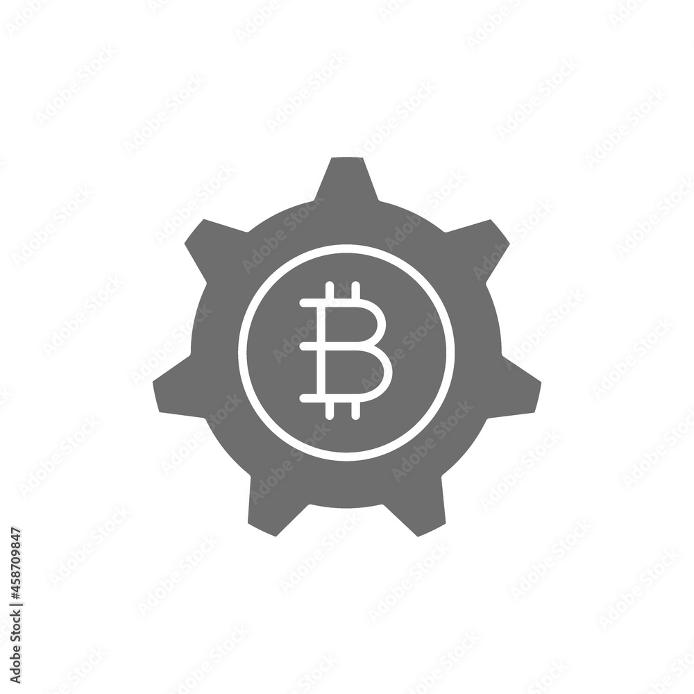 Gear wheel with bitcoin, blockchain, cryptocurrency grey icon. Gear wheel with bitcoin, blockchain, cryptocurrency grey icon.