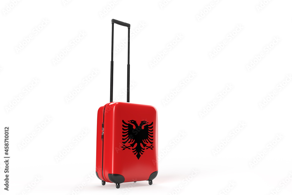 Travel suitcase with the flag of Albania. Travel concept. Isolated. 3D Rendering Travel suitcase with the flag of Albania. Travel concept. Isolated. 3D Rendering