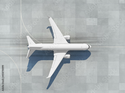 Airplane on runway ready to takeoff. Top view, 3d render.