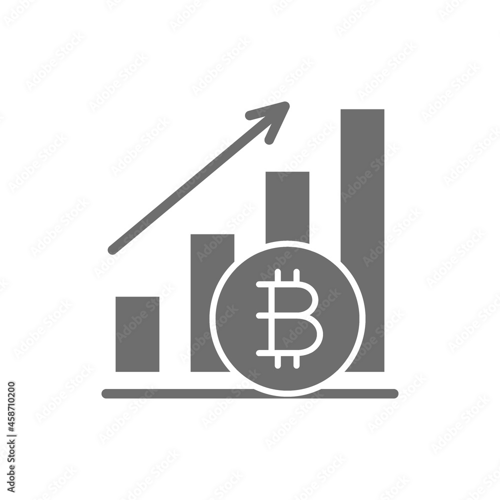 Upward graph, bitcoin coin, cryptocurrency grey icon. Upward graph, bitcoin coin, cryptocurrency grey icon.