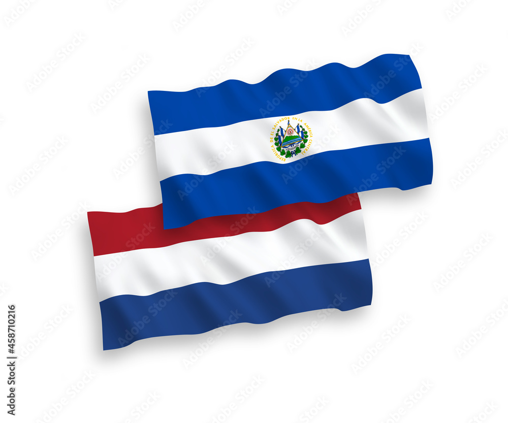 National vector fabric wave flags of Republic of El Salvador and Netherlands isolated on white background. 1 to 2 proportion. National vector fabric wave flags of Republic of El Salvador and Netherlands isolated on white background. 1 to 2 proportion.