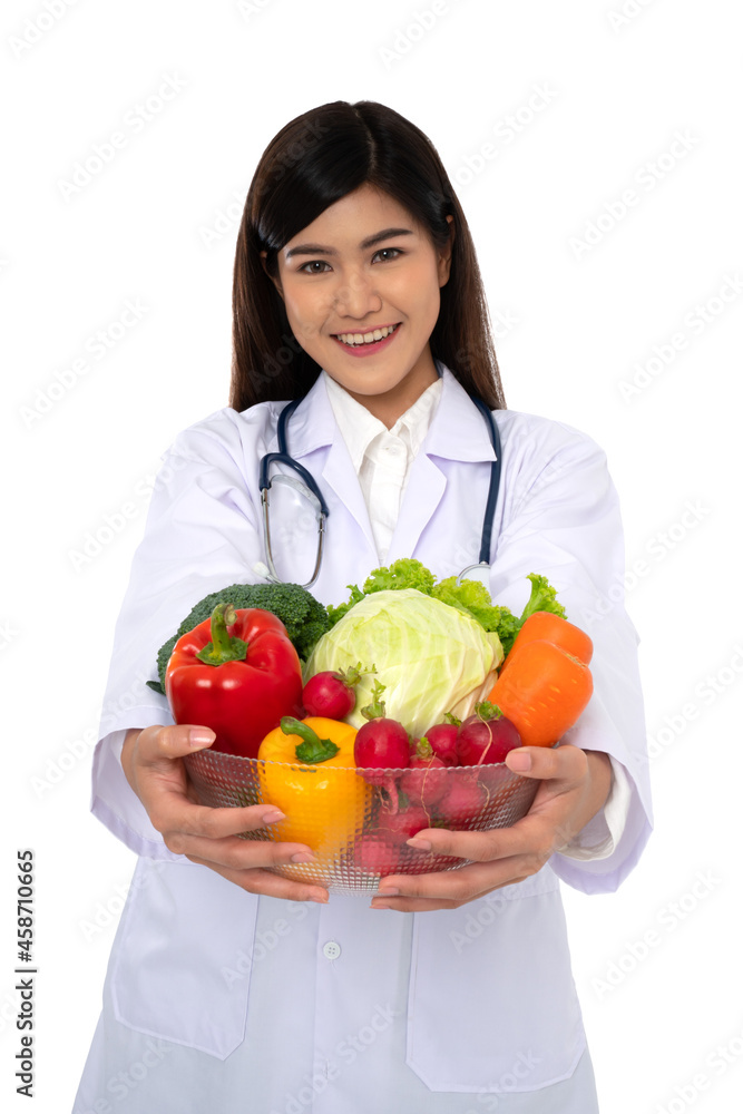 Doctor or nutritionist holding fresh fruit (Orange, red and green apples) and smile in clinic. Healthy diet Concept of nutrition food as a prescription for good health, fruit is medicine Doctor or nutritionist holding fresh fruit (Orange, red and green apples) and smile in clinic. Healthy diet Concept of nutrition food as a prescription for good health, fruit is medicine