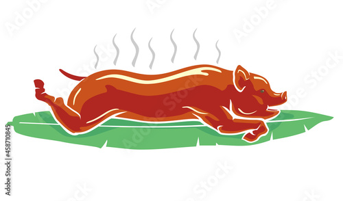 Lechon, Roast Pig on Banana Leaf Illustration