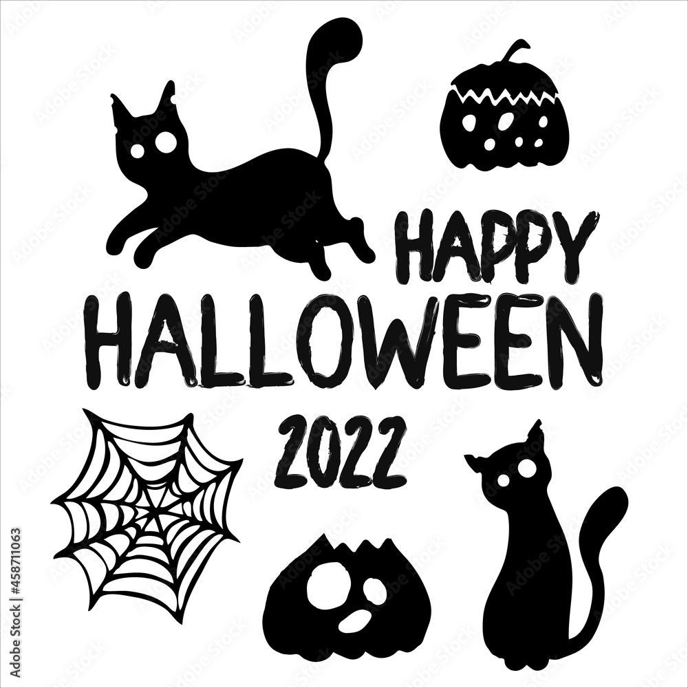 black white text rectangular card. Happy Halloween 2022 greetings with cute cats, pumpkins and cobwebs. For festive decoration, prints, packaging, postcards, design of various