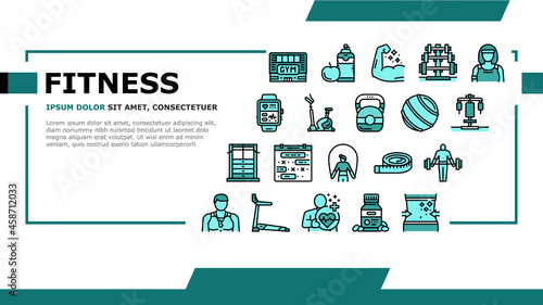 Fitness Health Athlete Training Landing Web Page Header Banner Template Vector. Sportsman Equipment For Make Muscle Exercise And Fitness Bracelet Gadget, Barbell Rack And Dumbbell Tool Illustration