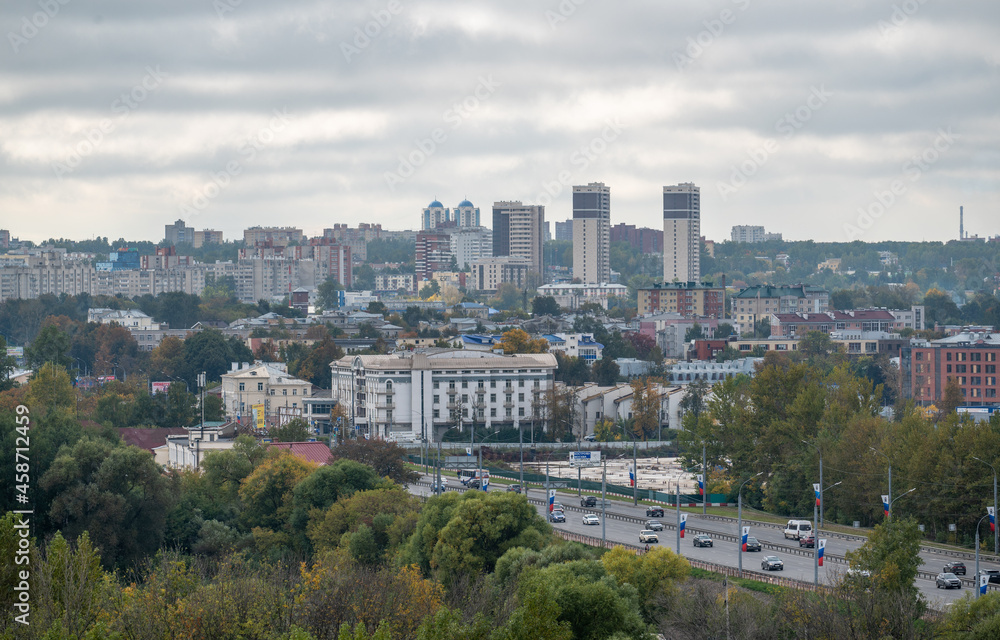 Yaroslavl, RUSSIA - September 23, 2021: view of a modern city with road and park. Panoramic view of the city of Moskovsky Prospekt