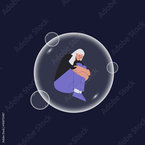 The concept of depression, social isolation, loneliness and mental disorders. Depressed feminine character in bubble. Lonely person in vacuum. Vector illustration in flat style. Eps 10