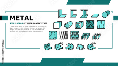 Metal Material Construction Beam Landing Web Page Header Banner Template Vector. Pipe And Round Bar, Square And Diamond Plate, Angle And Brass, Expanded Sheet And Channel Metal Profile Illustration