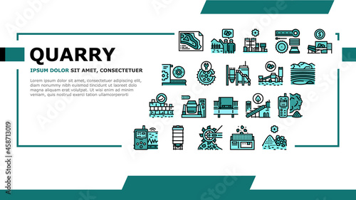 Quarry Mining Industrial Process Landing Web Page Header Banner Template Vector. Quarry Mining Equipment And Machine Technology, Industry Iron And Coal Processing Illustration