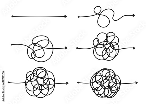 The hard and simple easy way is the way. Solution. Unraveling the house. tangled and straight line. Hand drawn doodle lines.