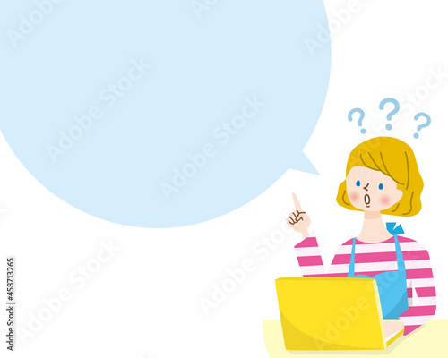 疑問を抱く若い白人女性と吹き出しのイラスト
