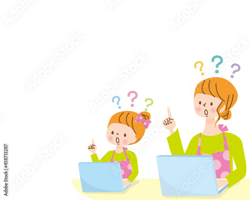 疑問を抱く母親と女の子のイラスト