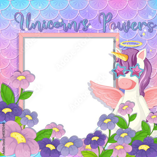 Empty banner with cute pegasus cartoon character on pastel mermaid scales © GraphicsRF