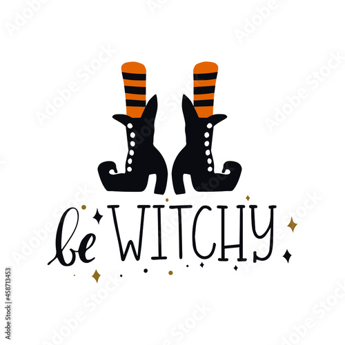 Cute witches legs and lettering. Halloween concept. Hand drawn illustration for your project. Minimal style.